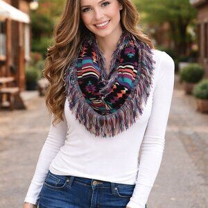 Mudd Infinity Scarf Southwestern Aztec Fringe Boho Tribal Winter Wrap Cozy Layer